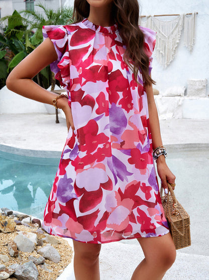 Tunic Dresses- Summer Print Sleeveless Tunic Sundress with Frill Accents- - Pekosa Women Fashion