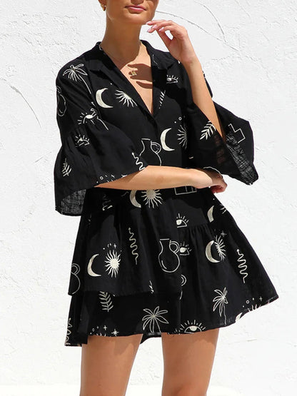 Tunic Dresses- Summer Print Tunic Dress with 3/4 Sleeves in Layered Design- Black- Pekosa Women Fashion