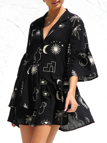 Tunic Dresses- Summer Print Tunic Dress with 3/4 Sleeves in Layered Design- - Pekosa Women Fashion