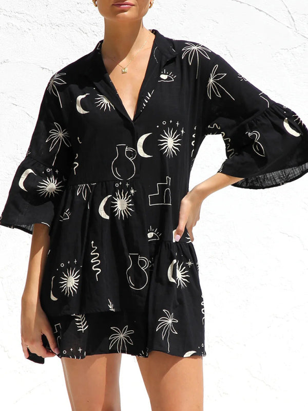 Tunic Dresses- Summer Print Tunic Dress with 3/4 Sleeves in Layered Design- - Pekosa Women Fashion