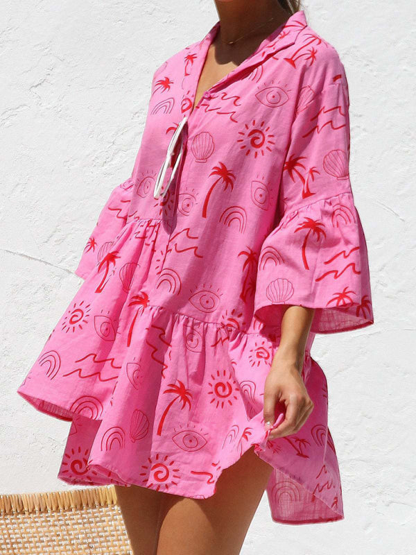 Tunic Dresses- Summer Print Tunic Dress with 3/4 Sleeves in Layered Design- - Pekosa Women Fashion