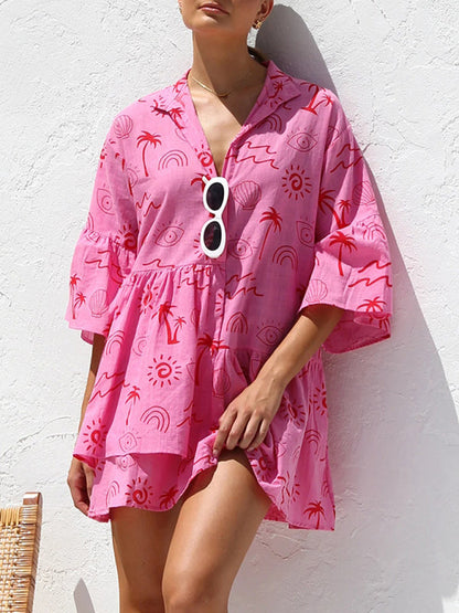 Tunic Dresses- Summer Print Tunic Dress with 3/4 Sleeves in Layered Design- - Pekosa Women Fashion