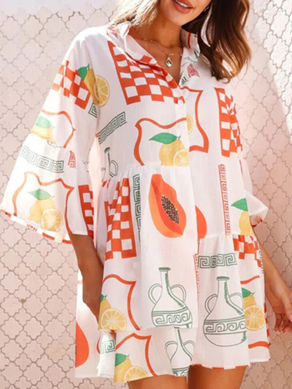 Tunic Dresses- Summer Print Tunic Dress with 3/4 Sleeves in Layered Design- - Pekosa Women Fashion