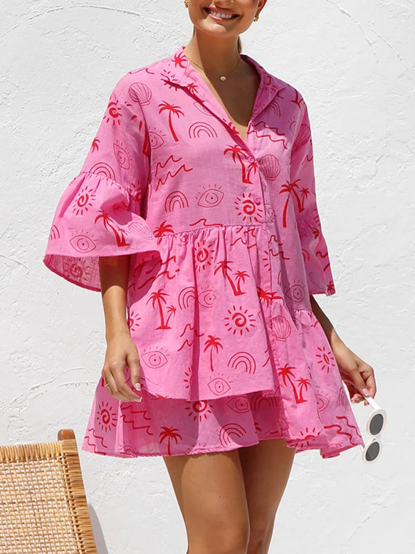 Tunic Dresses- Summer Print Tunic Dress with 3/4 Sleeves in Layered Design- Rose- Pekosa Women Fashion