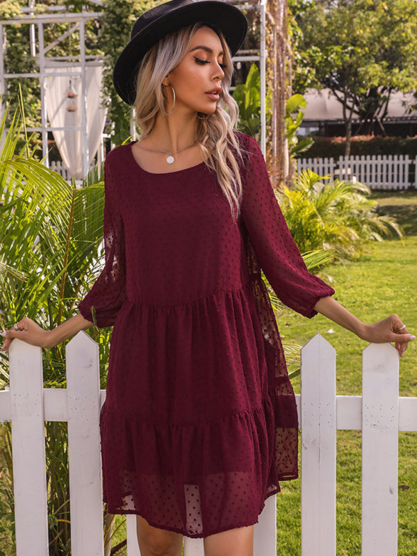 Tunic Dresses- Swiss Dot Tiered Tunic Dress with Flowy Bishop 3/4 Sleeves- - Pekosa Women Clothing