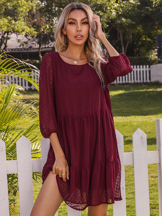 Tunic Dresses- Swiss Dot Tiered Tunic Dress with Flowy Bishop 3/4 Sleeves- Wine Red- Pekosa Women Clothing