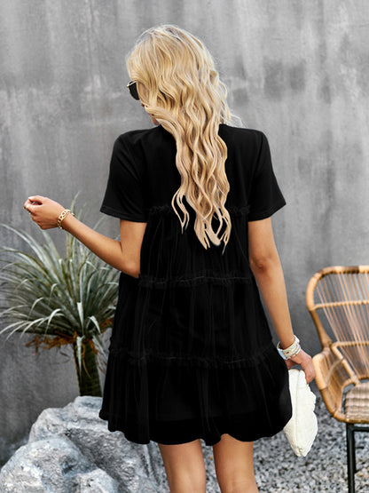 Tunic Dresses- Tiered Ruffle Tunic | Short Sleeved Tulle Overlay Mini Dress- - Pekosa Women Clothing