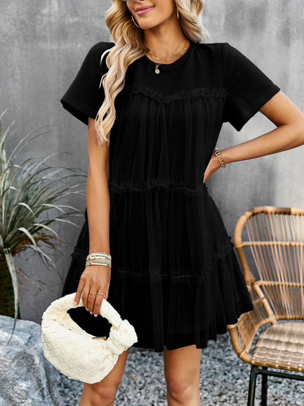 Tunic Dresses- Tiered Ruffle Tunic | Short Sleeved Tulle Overlay Mini Dress- Black- Pekosa Women Clothing