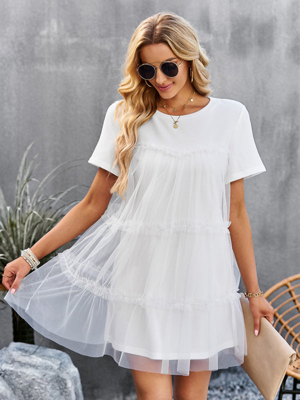 Tunic Dresses- Tiered Ruffle Tunic | Short Sleeved Tulle Overlay Mini Dress- - Pekosa Women Clothing