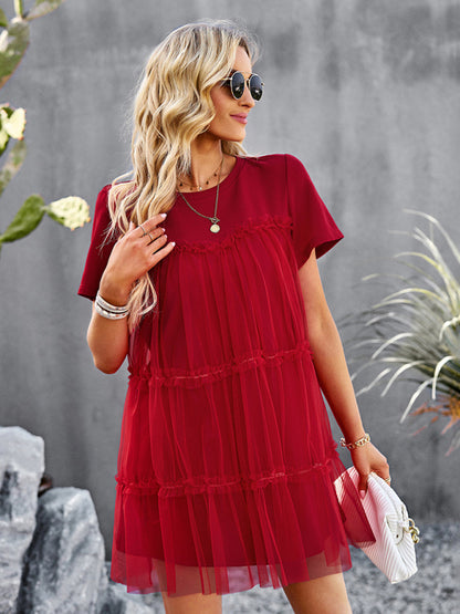 Tunic Dresses- Tiered Ruffle Tunic | Short Sleeved Tulle Overlay Mini Dress- - Pekosa Women Clothing