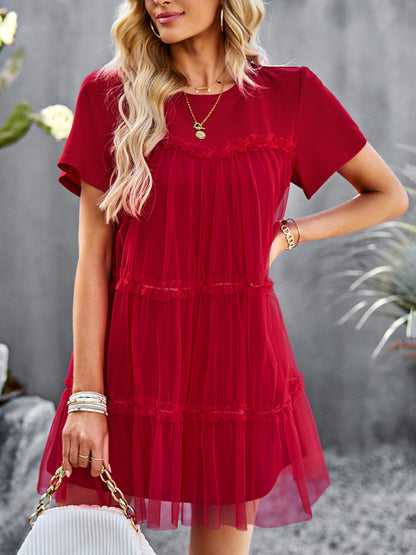 Tunic Dresses- Tiered Ruffle Tunic | Short Sleeved Tulle Overlay Mini Dress- - Pekosa Women Clothing