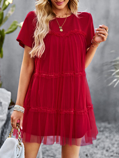 Tunic Dresses- Tiered Ruffle Tunic | Short Sleeved Tulle Overlay Mini Dress- - Pekosa Women Clothing