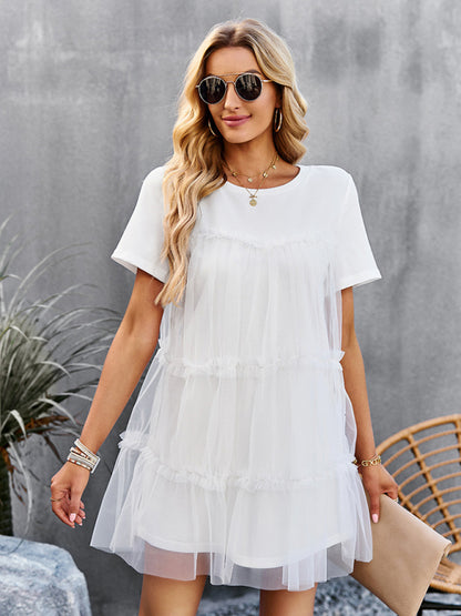 Tunic Dresses- Tiered Ruffle Tunic | Short Sleeved Tulle Overlay Mini Dress- - Pekosa Women Clothing