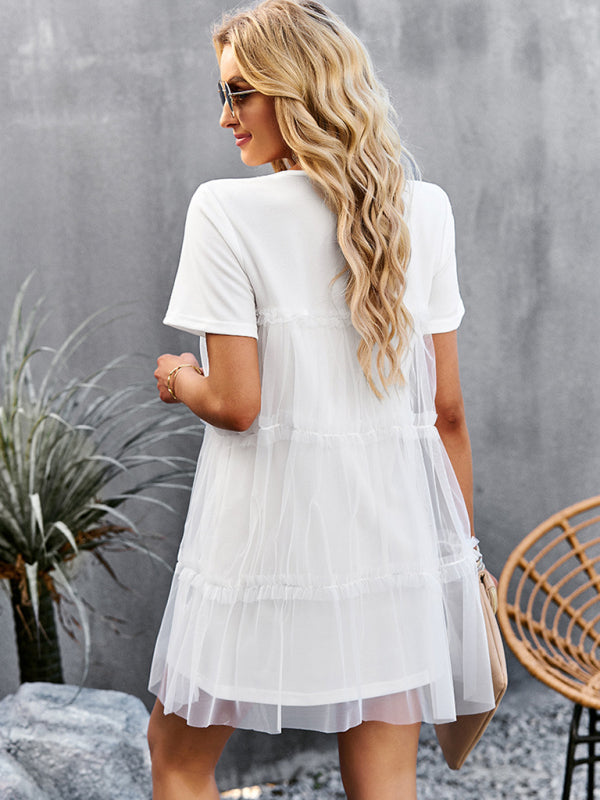 Tunic Dresses- Tiered Ruffle Tunic | Short Sleeved Tulle Overlay Mini Dress- - Pekosa Women Clothing