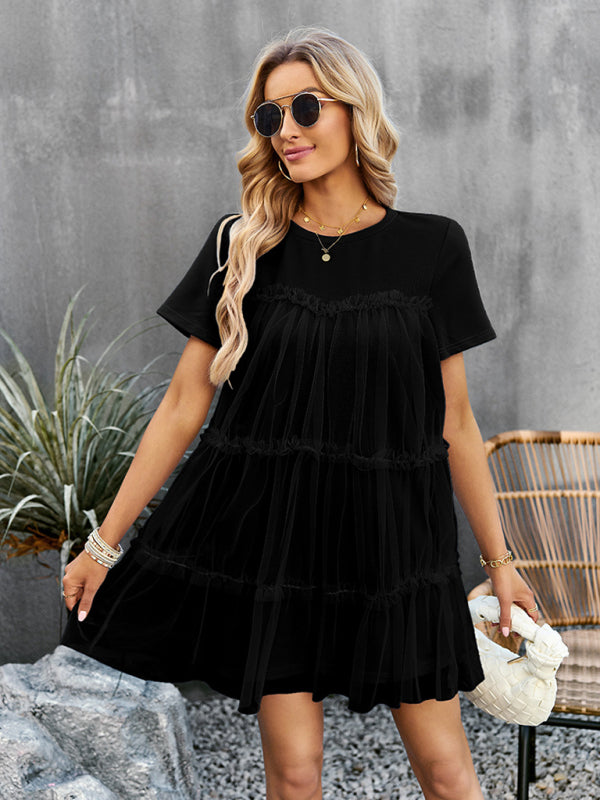 Tunic Dresses- Tiered Ruffle Tunic | Short Sleeved Tulle Overlay Mini Dress- - Pekosa Women Clothing