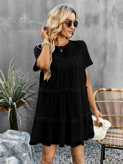 Tunic Dresses- Tiered Ruffle Tunic | Short Sleeved Tulle Overlay Mini Dress- - Pekosa Women Clothing