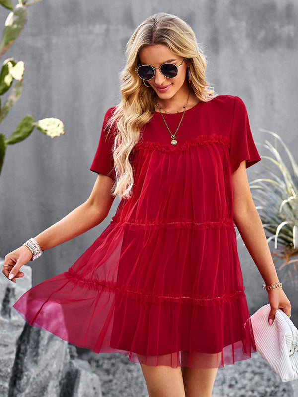 Tunic Dresses- Tiered Ruffle Tunic | Short Sleeved Tulle Overlay Mini Dress- - Pekosa Women Clothing