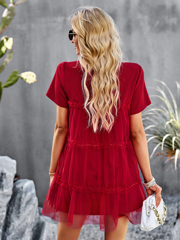 Tunic Dresses- Tiered Ruffle Tunic | Short Sleeved Tulle Overlay Mini Dress- - Pekosa Women Clothing