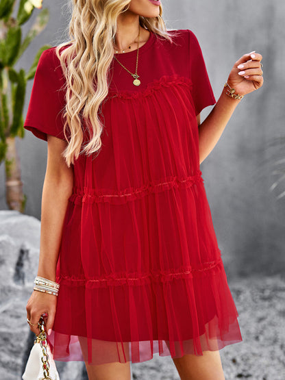 Tunic Dresses- Tiered Ruffle Tunic | Short Sleeved Tulle Overlay Mini Dress- Red- Pekosa Women Clothing