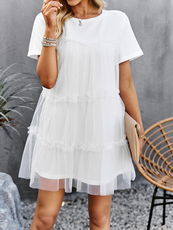 Tunic Dresses- Tiered Ruffle Tunic | Short Sleeved Tulle Overlay Mini Dress- White- Pekosa Women Clothing