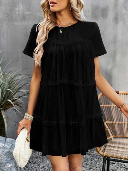 Tunic Dresses- Tiered Ruffle Tunic | Short Sleeved Tulle Overlay Mini Dress- - Pekosa Women Clothing