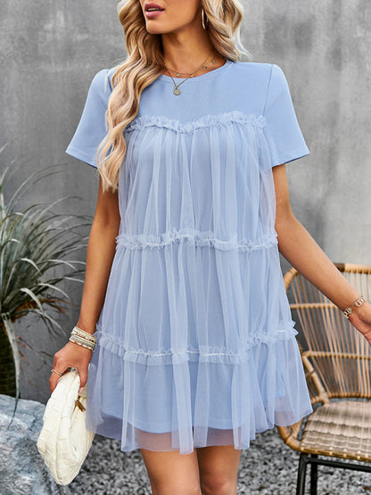 Tunic Dresses- Tiered Ruffle Tunic | Short Sleeved Tulle Overlay Mini Dress- Blue- Pekosa Women Clothing