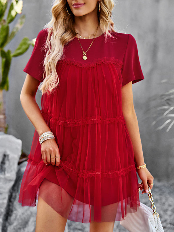 Tunic Dresses- Tiered Ruffle Tunic | Short Sleeved Tulle Overlay Mini Dress- - Pekosa Women Clothing