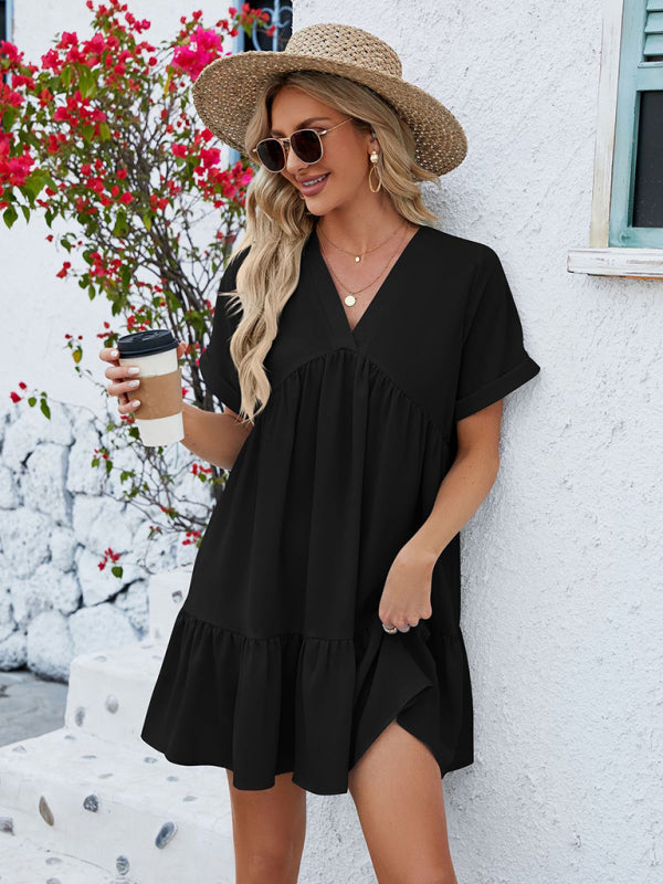 Tunic Dresses- Tunic Style Short Sleeve V-Neck Dress for Summer- - Pekosa Women Clothing