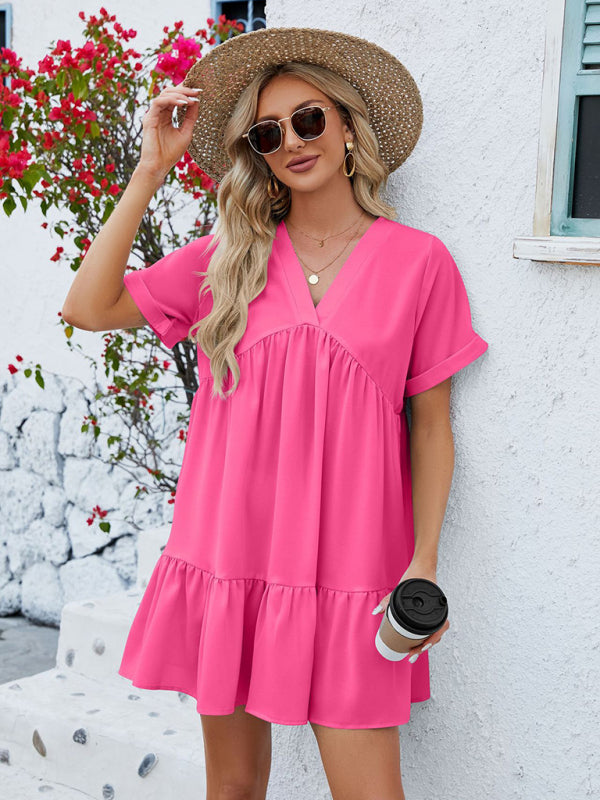 Tunic Dresses- Tunic Style Short Sleeve V-Neck Dress for Summer- Rose- Pekosa Women Clothing