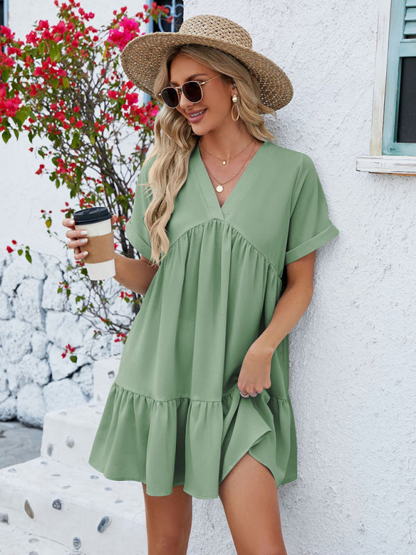 Tunic Dresses- Tunic Style Short Sleeve V-Neck Dress for Summer- - Pekosa Women Clothing