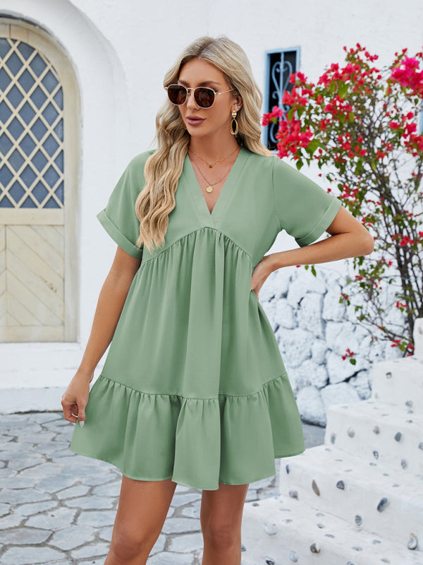 Tunic Dresses- Tunic Style Short Sleeve V-Neck Dress for Summer- - Pekosa Women Clothing