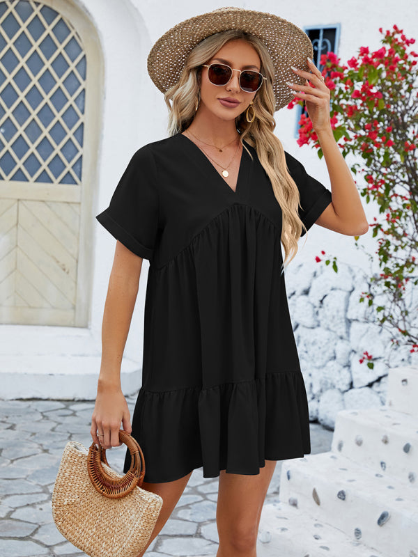 Tunic Dresses- Tunic Style Short Sleeve V-Neck Dress for Summer- - Pekosa Women Clothing