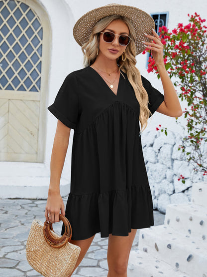 Tunic Dresses- Tunic Style Short Sleeve V-Neck Dress for Summer- - Pekosa Women Clothing