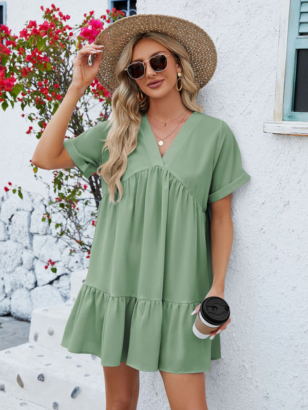 Tunic Dresses- Tunic Style Short Sleeve V-Neck Dress for Summer- - Pekosa Women Clothing