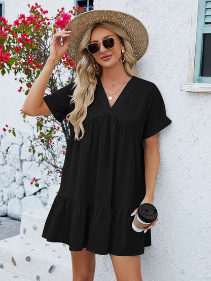 Tunic Dresses- Tunic Style Short Sleeve V-Neck Dress for Summer- Black- Pekosa Women Clothing