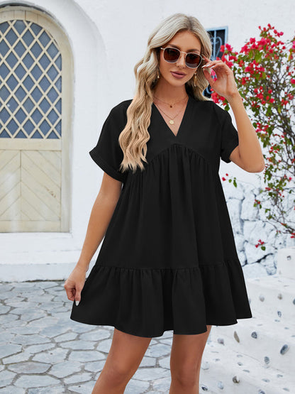 Tunic Dresses- Tunic Style Short Sleeve V-Neck Dress for Summer- - Pekosa Women Clothing