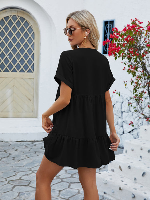 Tunic Dresses- Tunic Style Short Sleeve V-Neck Dress for Summer- - Pekosa Women Clothing