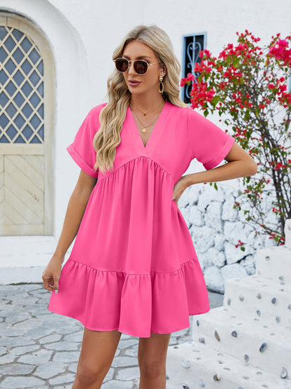 Tunic Dresses- Tunic Style Short Sleeve V-Neck Dress for Summer- - Pekosa Women Clothing