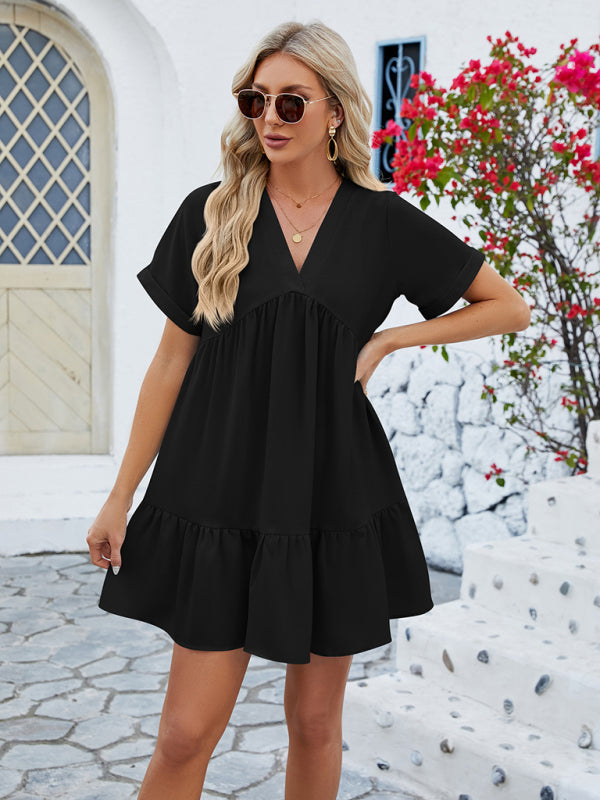 Tunic Dresses- Tunic Style Short Sleeve V-Neck Dress for Summer- - Pekosa Women Clothing