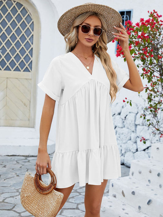 Tunic Dresses- Tunic Style Short Sleeve V-Neck Dress for Summer- White- Pekosa Women Clothing