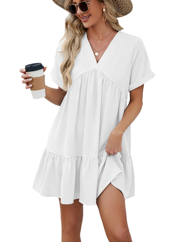 Tunic Dresses- Tunic Style Short Sleeve V-Neck Dress for Summer- - Pekosa Women Clothing