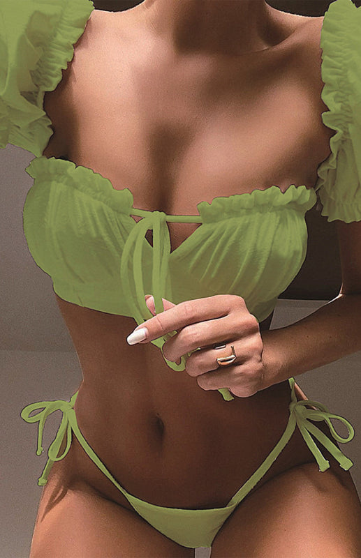 Two Piece Bikini- Square Neck 2 Piece Bikini Set with Ruffle Sleeves- Green- Pekosa Women Clothing