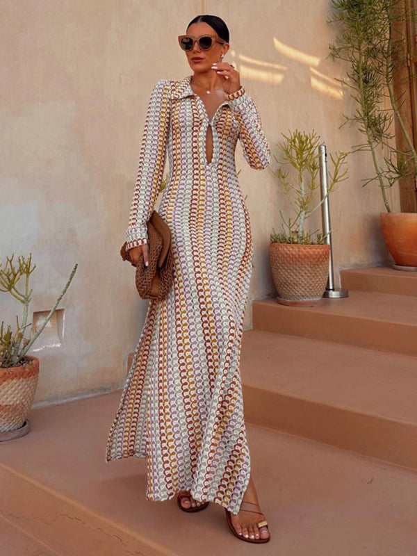 Vacation Dresses- Boho Vacay Long-Sleeved Maxi Dress in Colorful Open Knit and Slits- - Pekosa Women Clothing