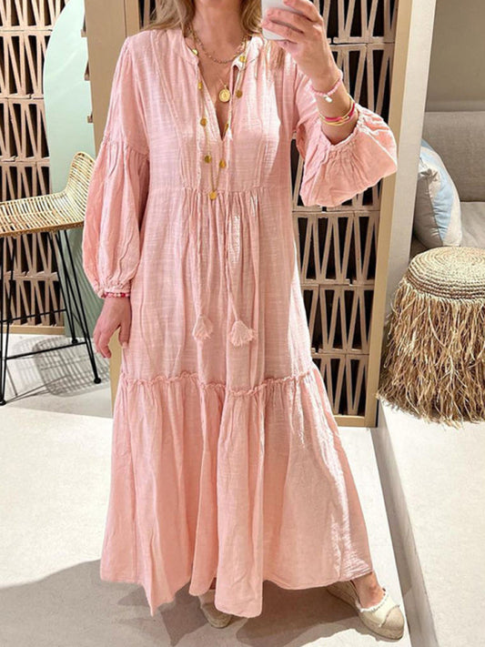Vacation Dresses- Cotton Linen Tunic with Lantern Sleeves - Boho Maxi Dress- Pink- Pekosa Women Clothing