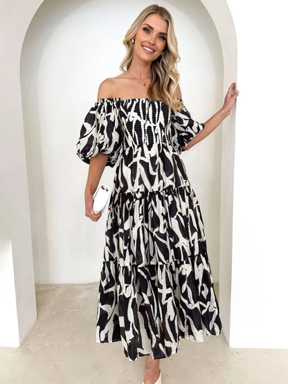 Vacation Dresses- Elegant Floral Off-Shoulder Midi Dress for Vacation with Balloon Sleeves- Black- Pekosa Women Clothing