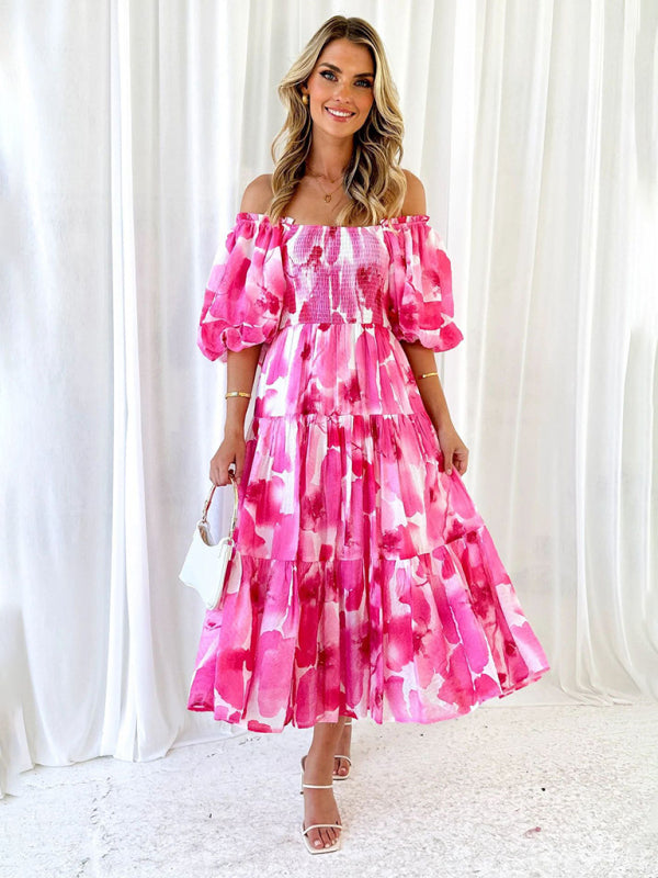 Vacation Dresses- Elegant Floral Off-Shoulder Midi Dress for Vacation with Balloon Sleeves- - Pekosa Women Clothing