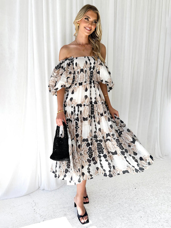 Vacation Dresses- Elegant Floral Off-Shoulder Midi Dress for Vacation with Balloon Sleeves- - Pekosa Women Clothing