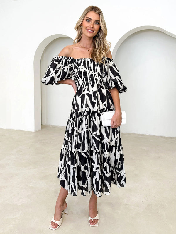 Vacation Dresses- Elegant Floral Off-Shoulder Midi Dress for Vacation with Balloon Sleeves- - Pekosa Women Clothing