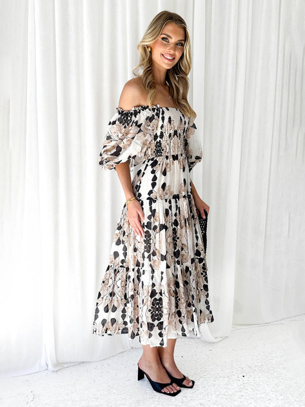 Vacation Dresses- Elegant Floral Off-Shoulder Midi Dress for Vacation with Balloon Sleeves- - Pekosa Women Clothing