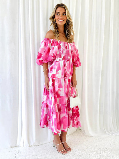 Vacation Dresses- Elegant Floral Off-Shoulder Midi Dress for Vacation with Balloon Sleeves- - Pekosa Women Clothing